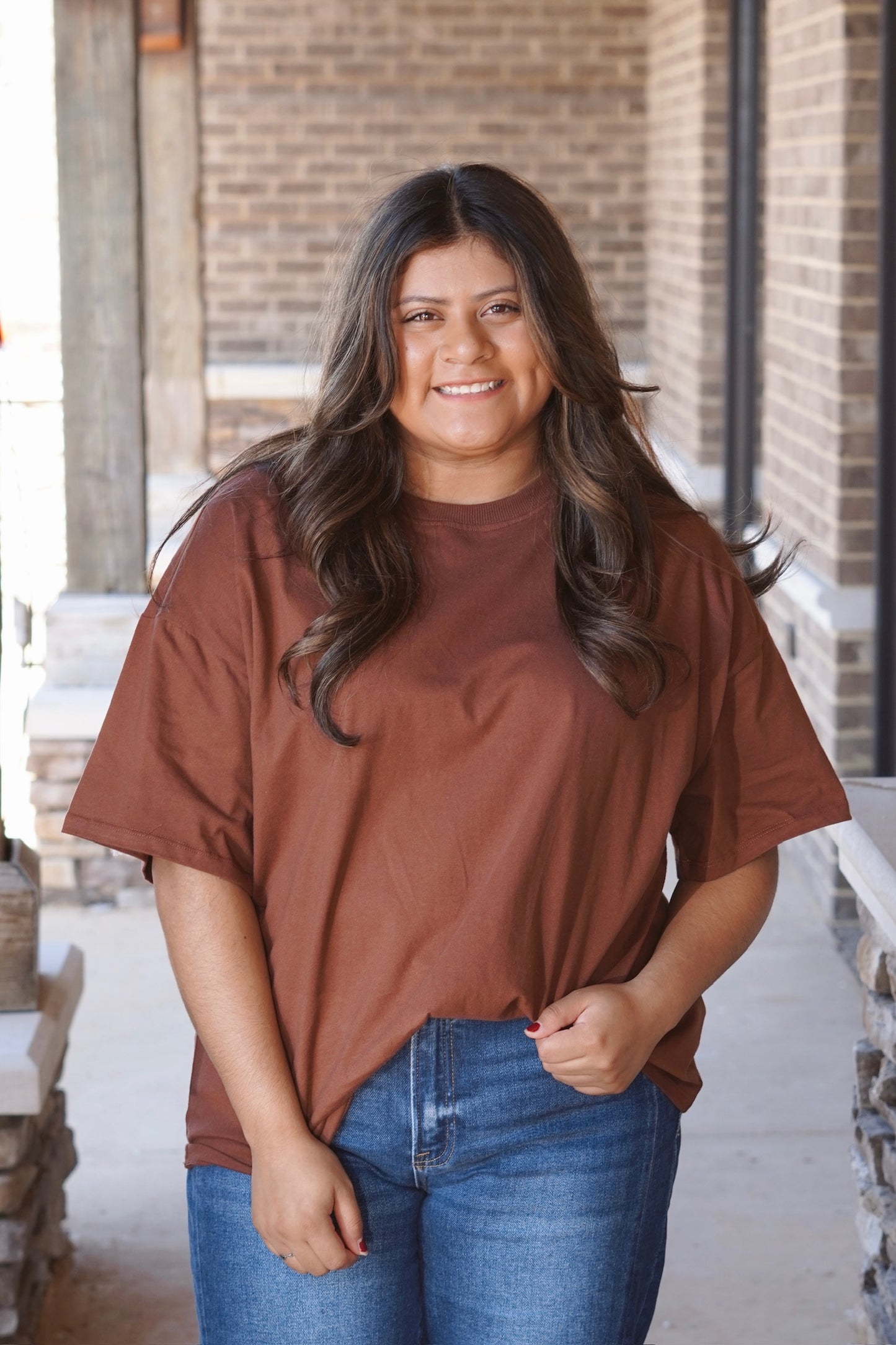 Allie Oversized Basic T-Shirt, Round Neckline, Short Sleeves, Full Length, Relaxed Fit, Colors:  Chestnut