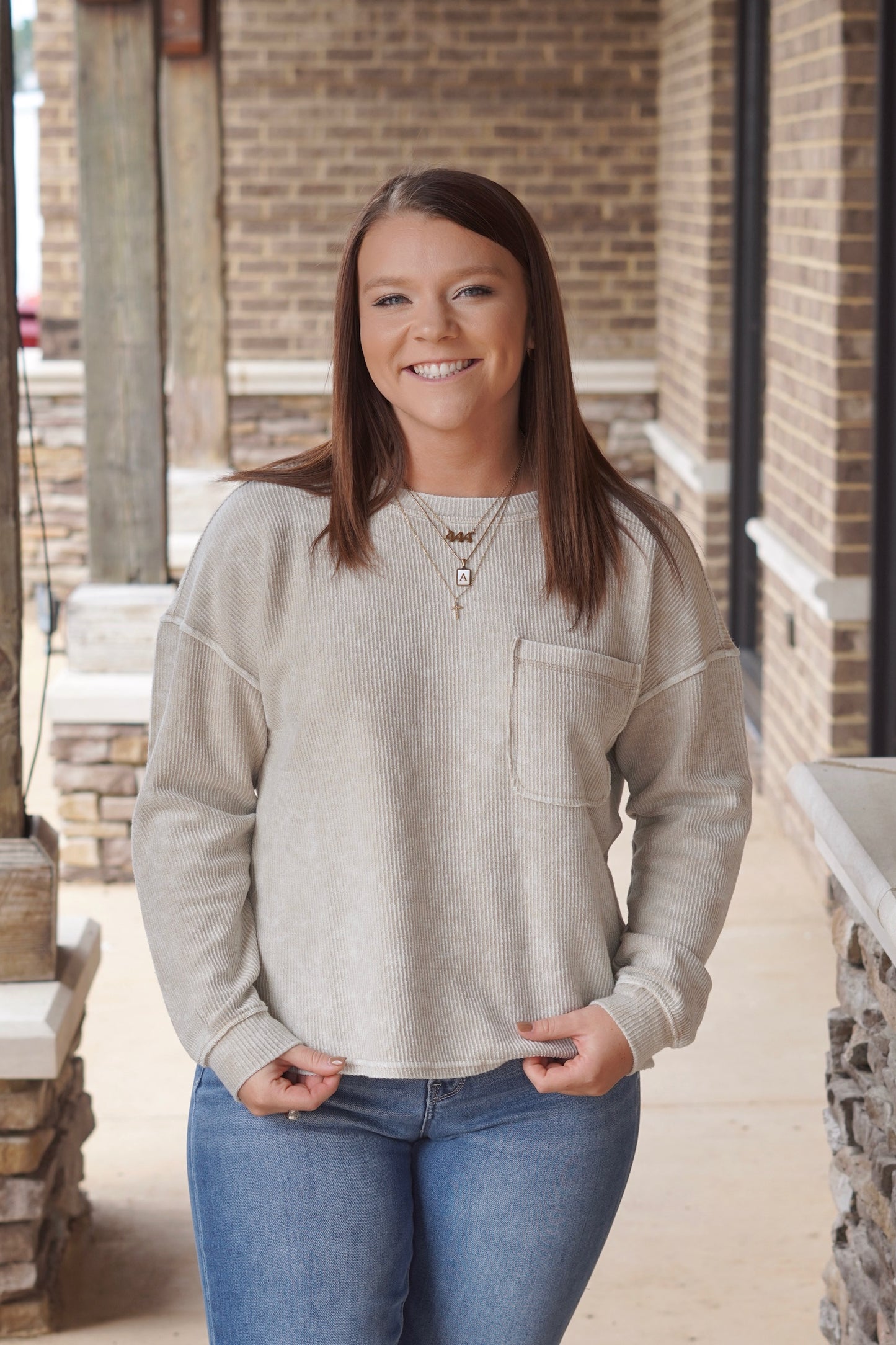 Cami Corded Long Sleeve Sweatshirt, Round Neckline, Long Sleeves, Pocket, Corded, Colors:  Khaki, Relaxed Fit