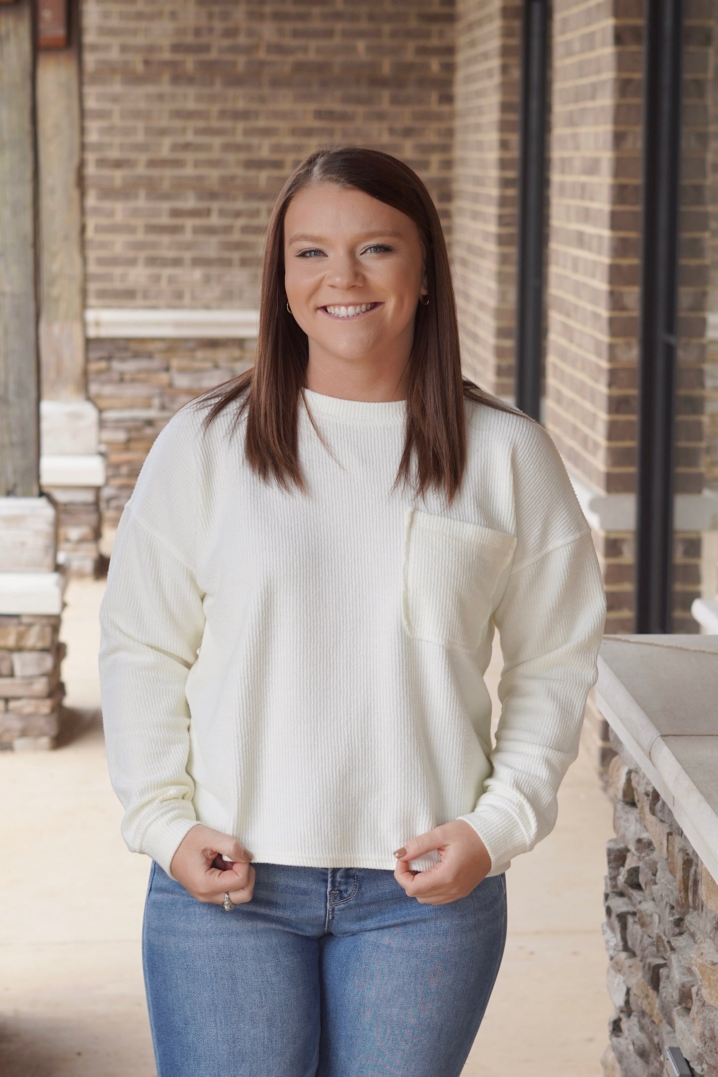 Cami Corded Long Sleeve Sweatshirt, Round Neckline, Long Sleeves, Pocket, Corded, Color: Cream ,Relaxed Fit