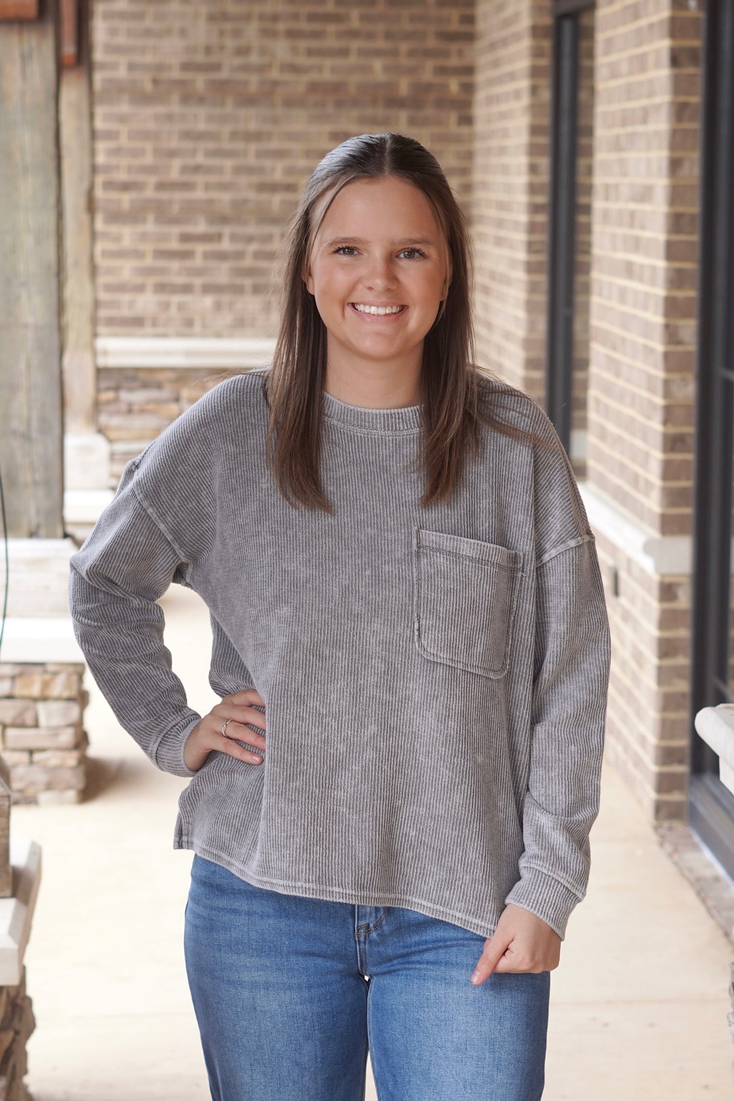 Cami Corded Long Sleeve Sweatshirt, Round Neckline, Long Sleeves, Pocket, Corded, Colors:  Charcoal, Relaxed Fit