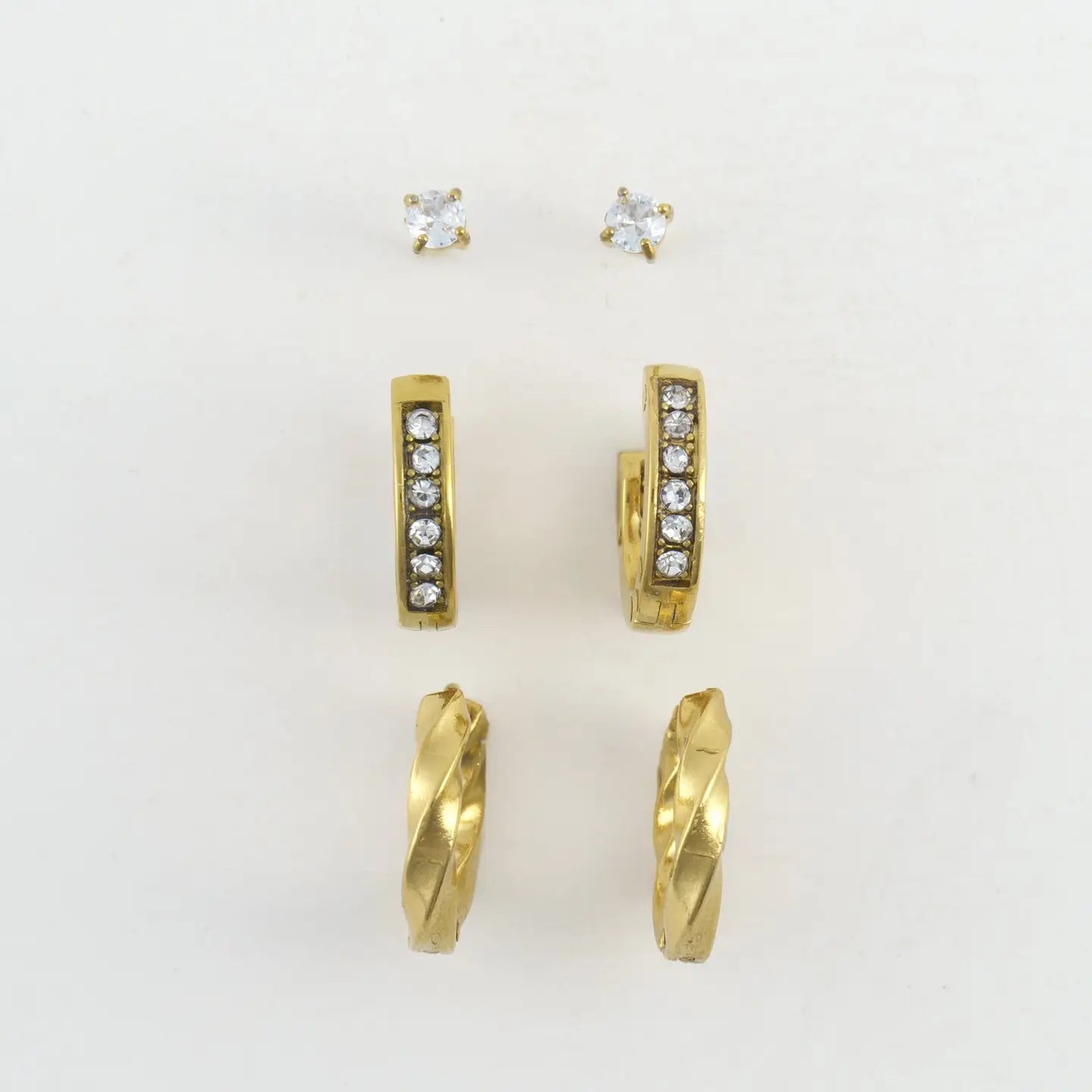 Gold Pave Hoop Earring Trio, crystal stud, crystal hoop, and gold hoop