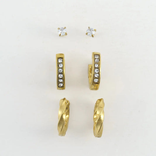 Gold Pave Hoop Earring Trio, crystal stud, crystal hoop, and gold hoop