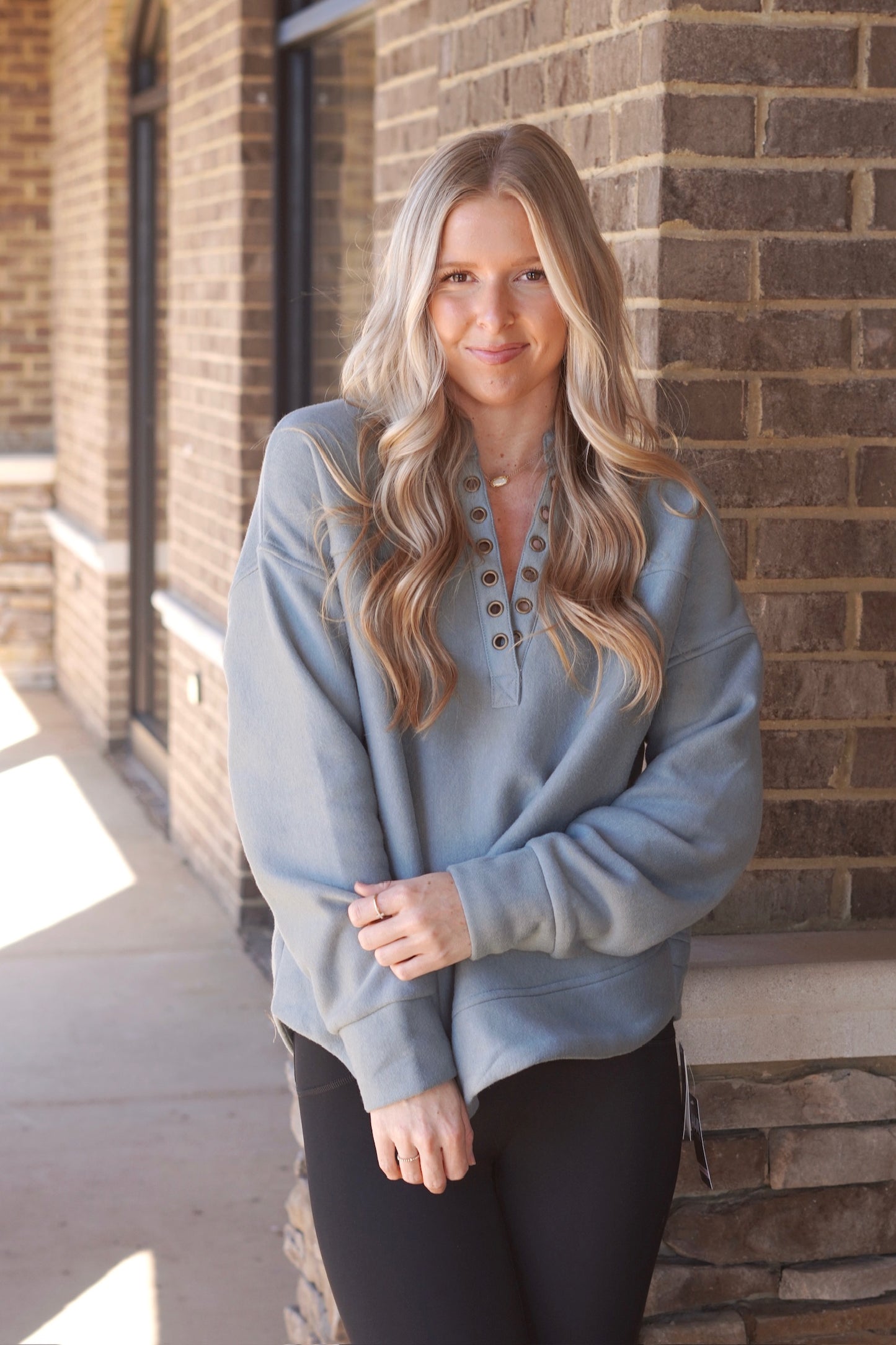 Long Sleeve Soft Pullover, , Split Neckline
Full Length, Relaxed Fit, Dusty Teal