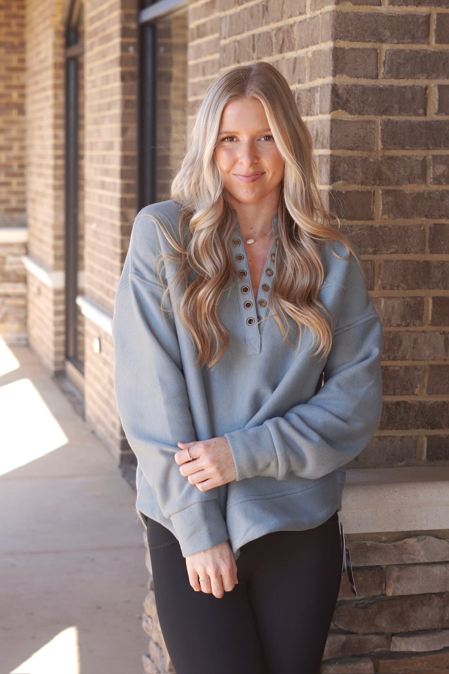 Long Sleeve Soft Pullover, , Split Neckline
Full Length, Relaxed Fit, Dusty Teal