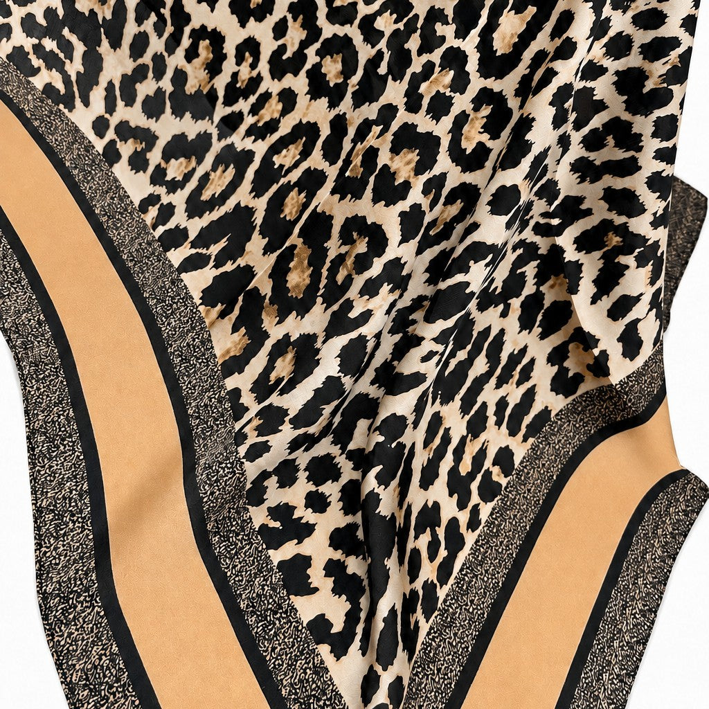 Leopard Print & Geometric Border Silky Neck Scarf