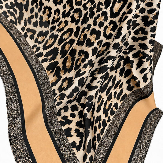Leopard Print & Geometric Border Silky Neck Scarf