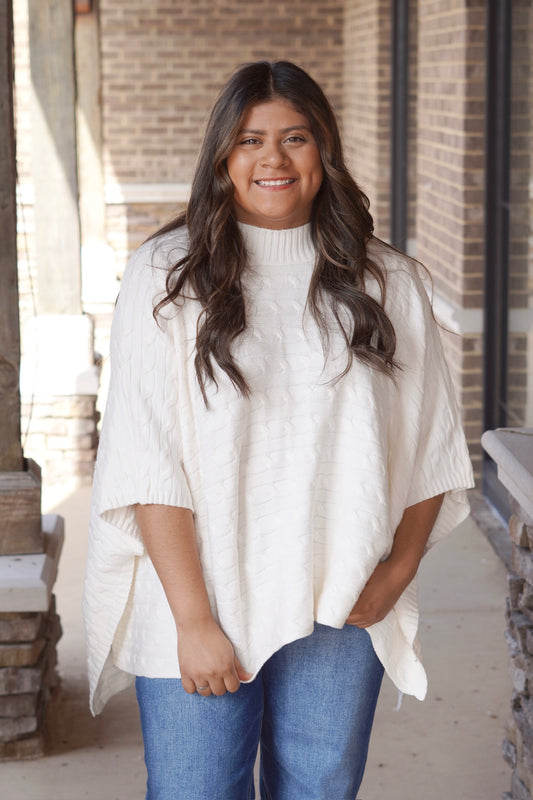 Mollie Mock Neck Poncho Sweater, Poncho Knit Sweater, Mock Neckline, Colors: Cream, Oversized, Full Length, Cable Knit