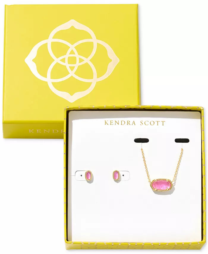  The Elisa and Mini Ellie Gold Gift Set in Azalea Illusion features our bestselling pendant necklace and coordinating earrings 