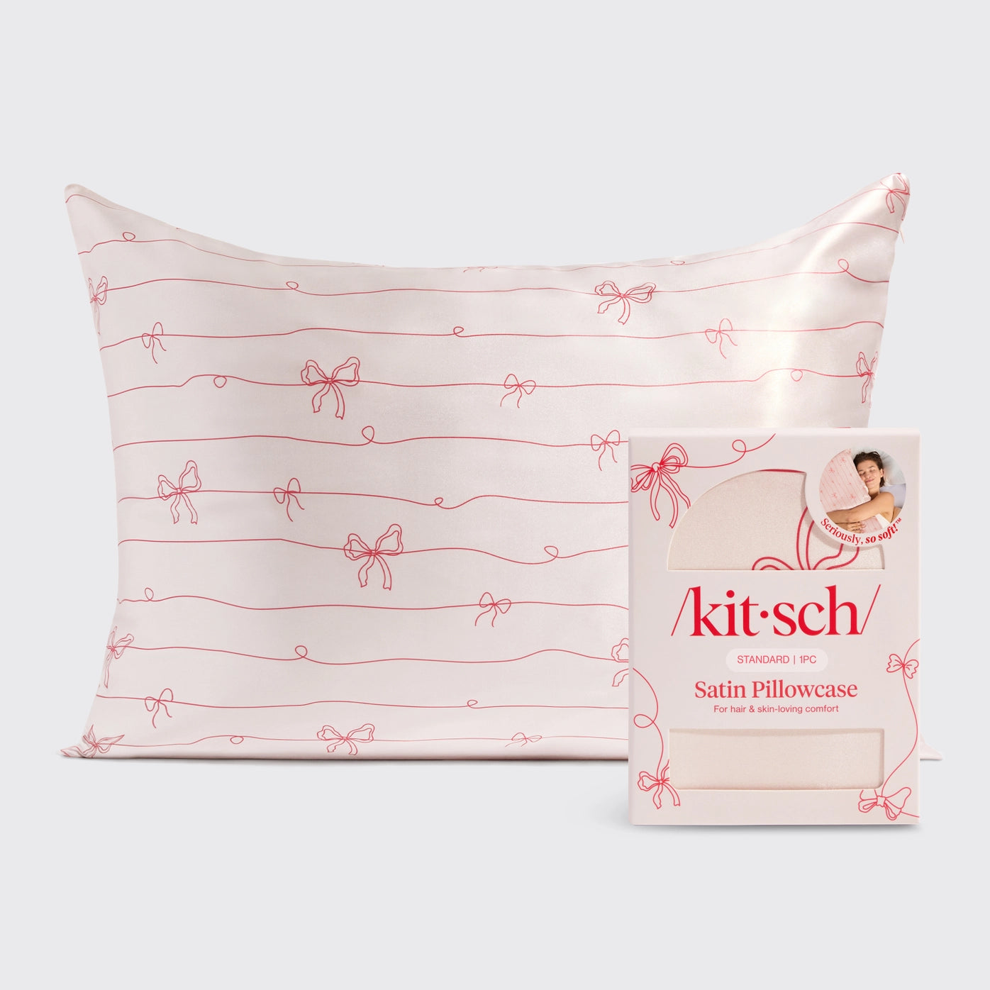 Elevate your beauty rest with this luxe satin pillowcase—designed to feel like a little holiday indulgence, every night. Features a striped bow print for a touch of festive, timeless charm