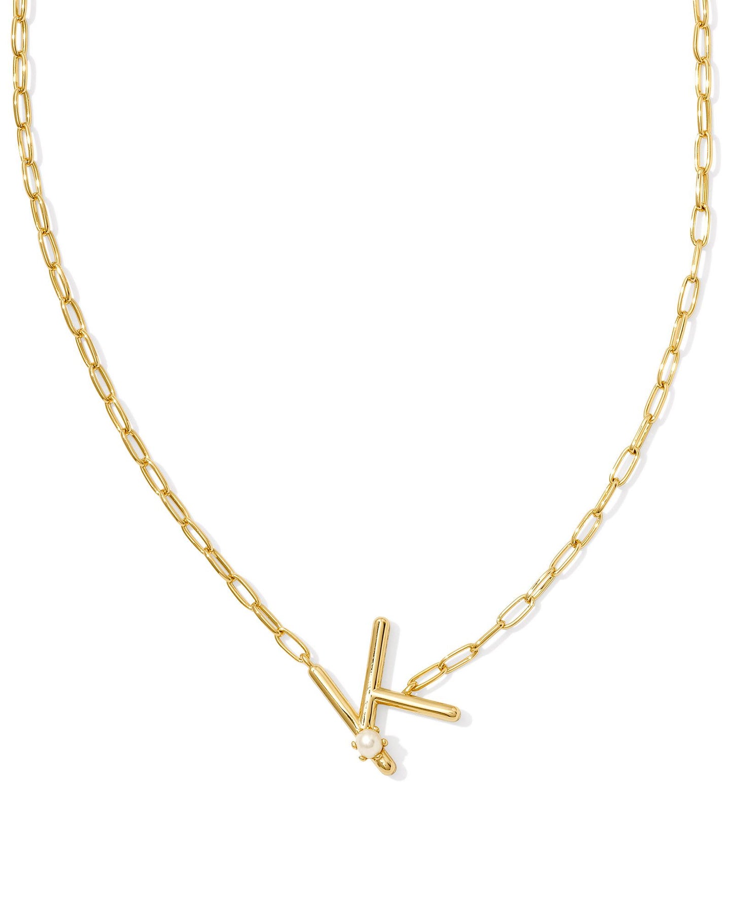 gold necklace with an initial pendant that has a singular pearl stud on it. Initial K