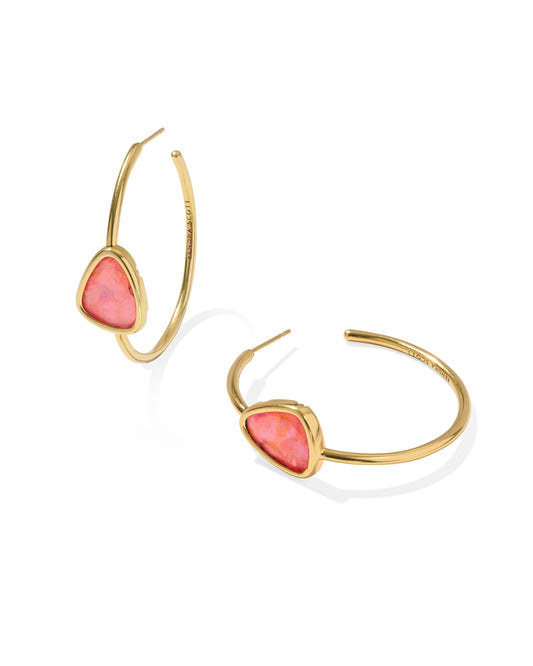 Gold Hoop Earrings, Triangular Pink Coral Iridescent Abalone Gem Set On Each Earring, Stud Back, Size- 1.64"L X 0.51"W