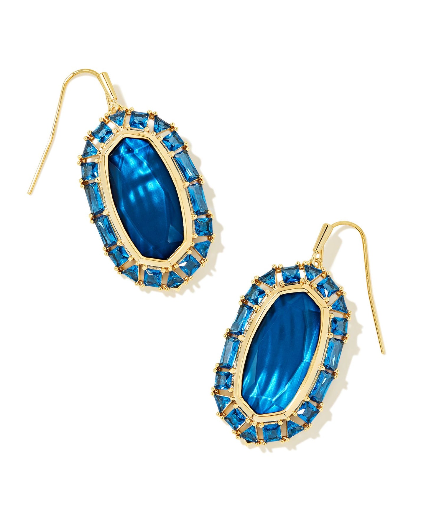 Our iconic statement earrings get a luxurious crystal frame in the Elle Gold Crystal Frame Drop Earrings. Featuring baguette, trillion, and princess cut crystals, these earrings give off an oh-so-glamorous sparkle with every turn of your head. Gold sea blue illusion 