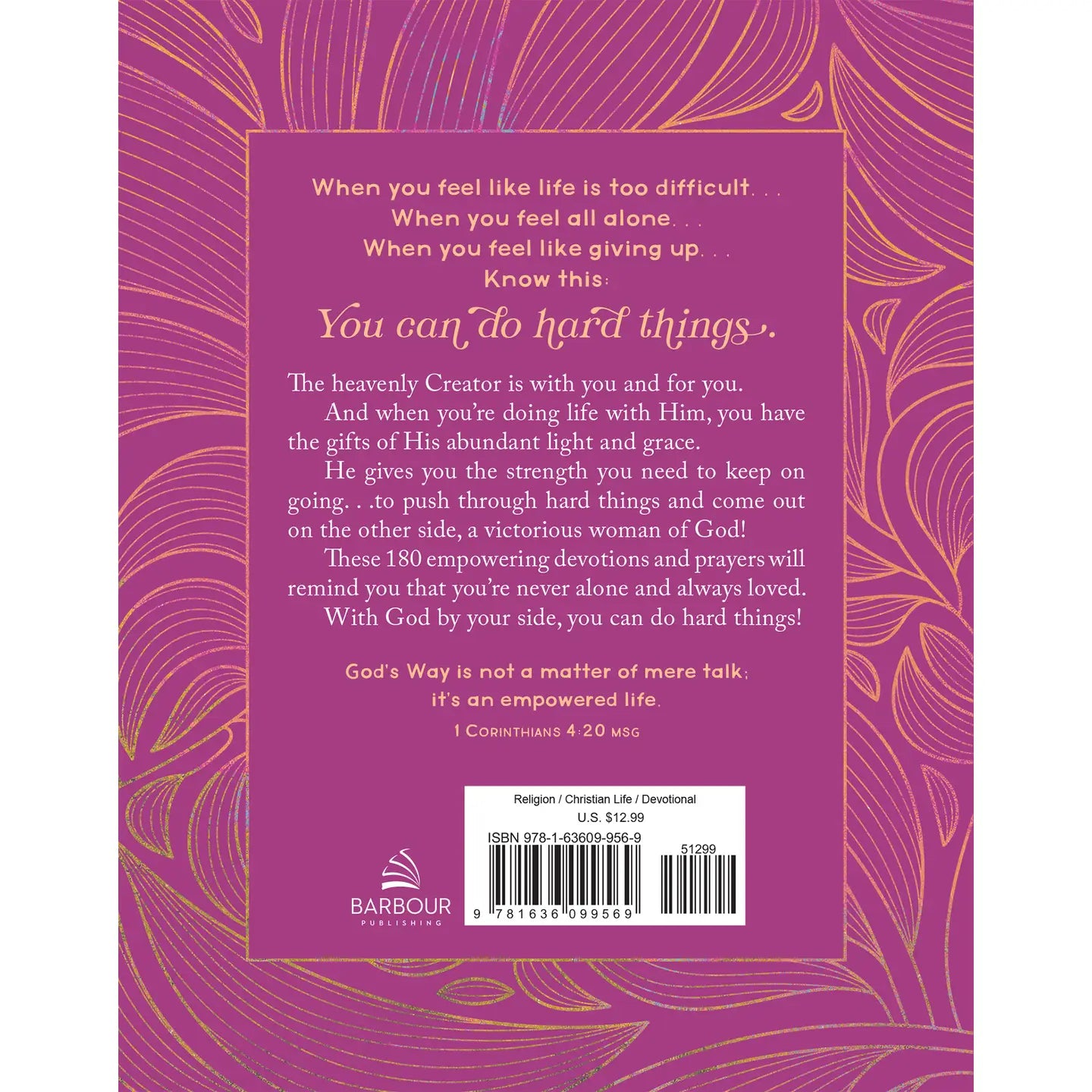 Hardback cover book of devotions for women. Back of the book explainiing what the book covers. 180 devotions • Weight: 8.48 oz (240.4 g)
• Dimensions: 7.3 x 5.8 x 0.6 in (18.5 x 14.7 x 1.5 cm)