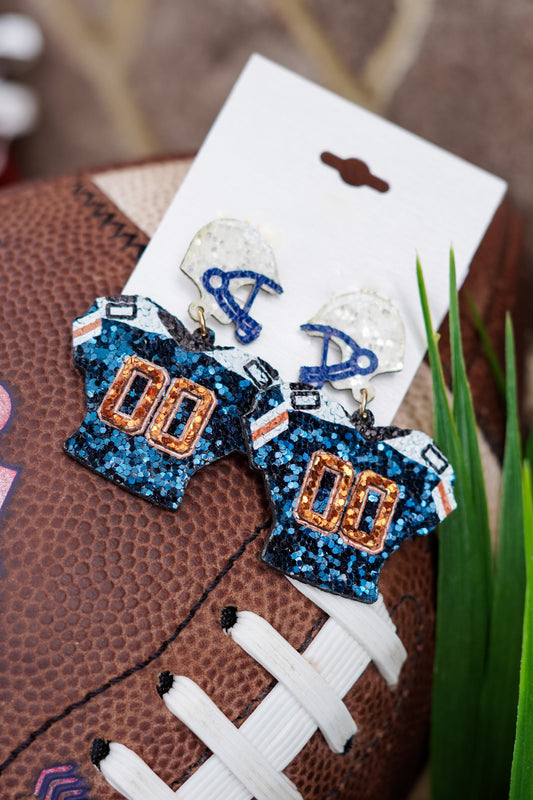 Navy/ orange sequin jersey with white football helmet on the post.