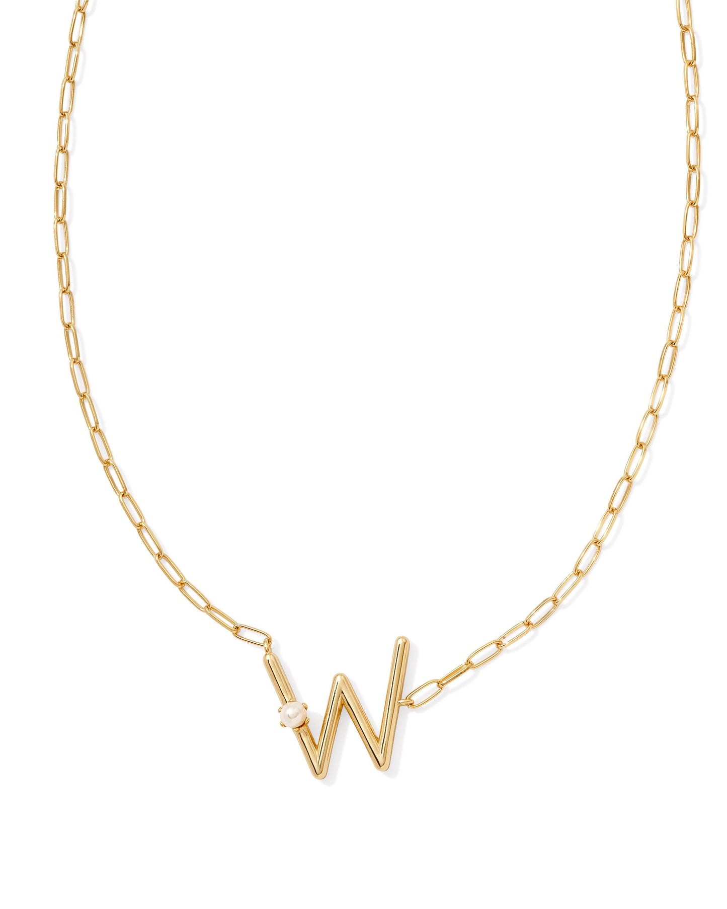 gold necklace with an initial pendant that has a singular pearl stud on it. Initial W