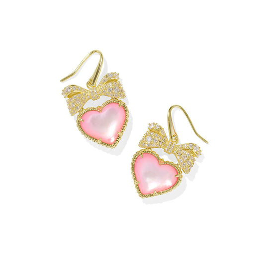 Gold Drop Earrings with Crystal Bow Detail above a Gold and Baby Pink Heart Pendant