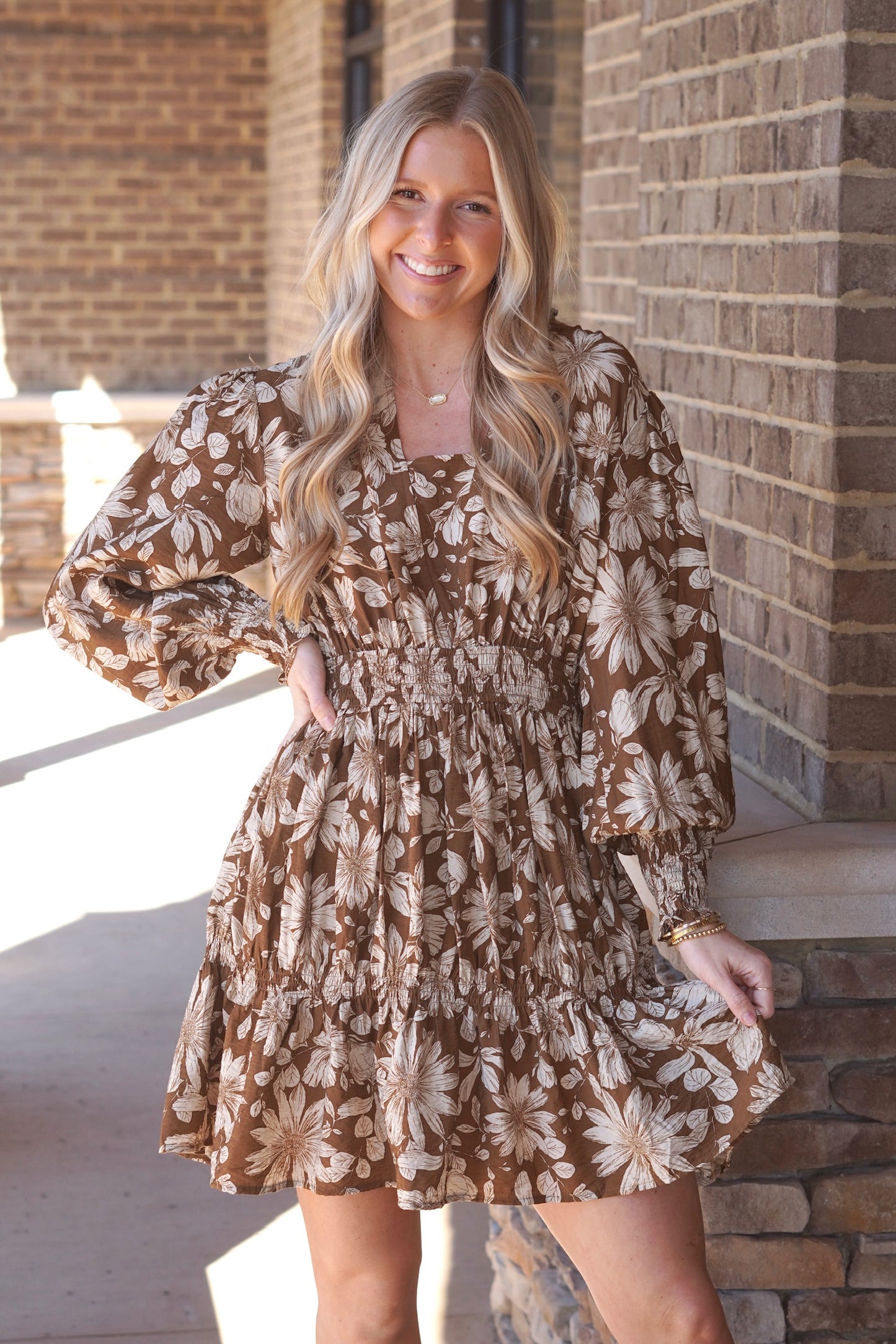 Floral Long Sleeve Ruffle Dress, Smocked Waistline, Pockets, Mocha color, Knee Length, Ruffle Hem