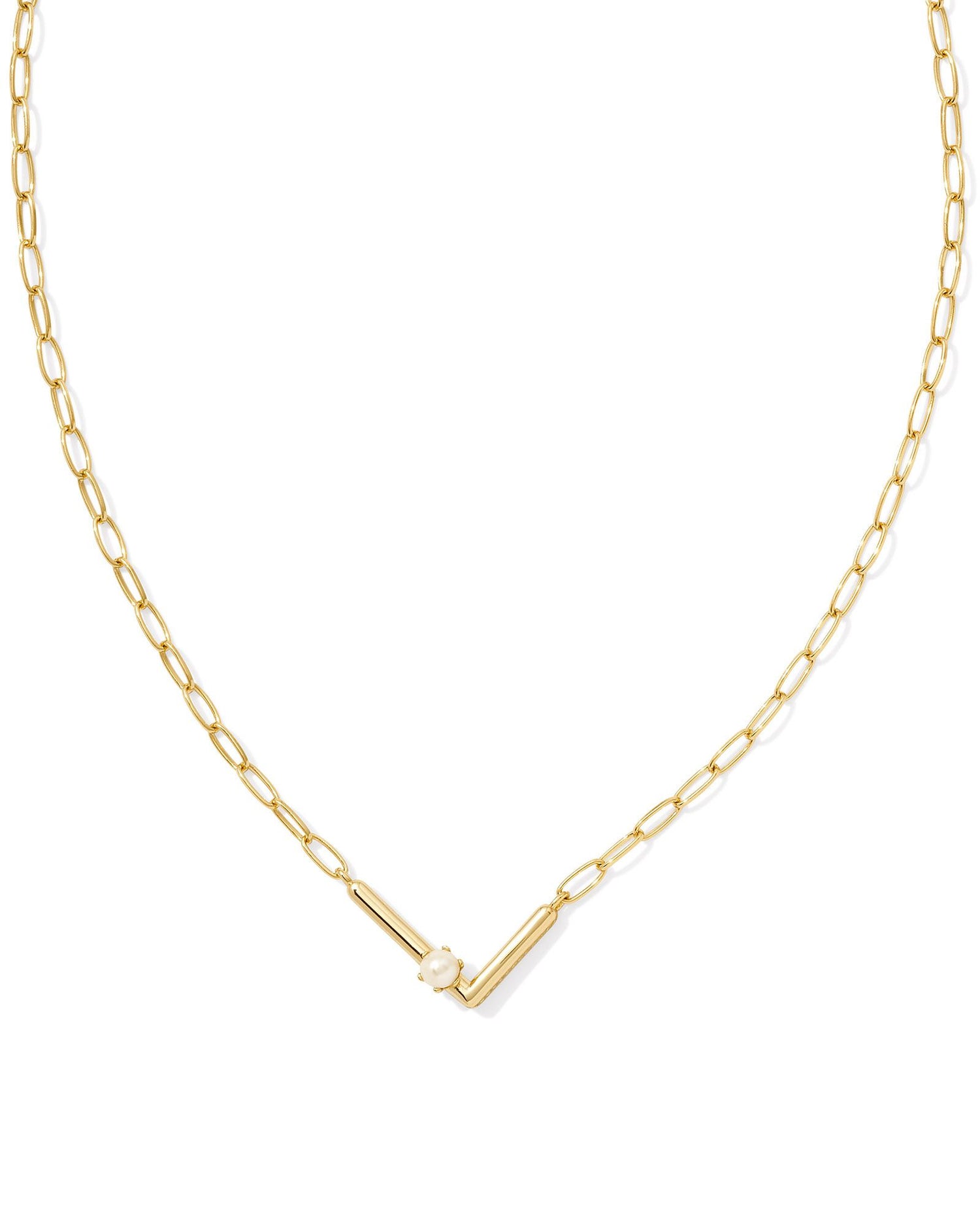 gold necklace with an initial pendant that has a singular pearl stud on it. Initial L