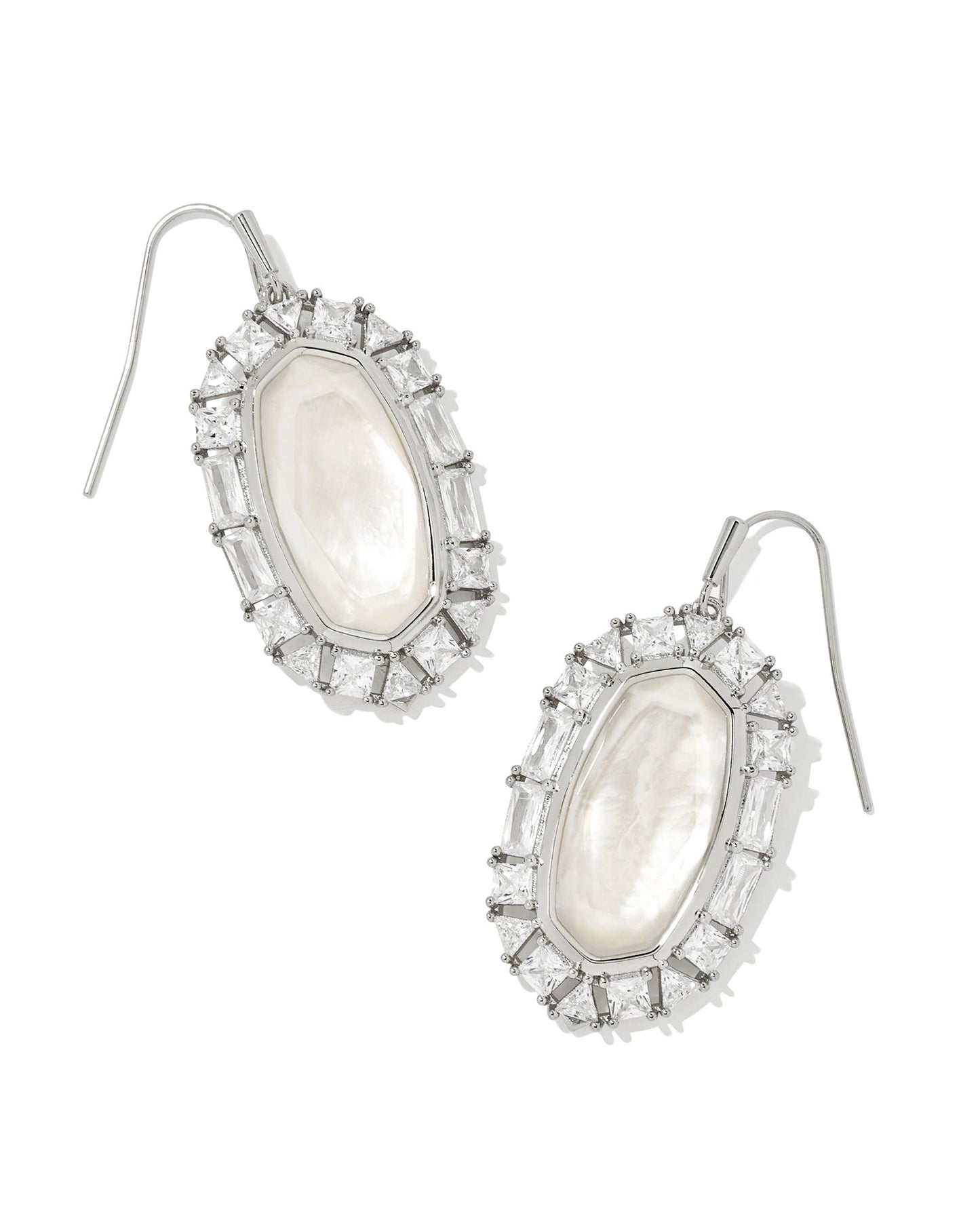 Our iconic statement earrings get a luxurious crystal frame in the Elle Gold Crystal Frame Drop Earrings. Featuring baguette, trillion, and princess cut crystals, these earrings give off an oh-so-glamorous sparkle with every turn of your head. rhodium ivory mother of pearl