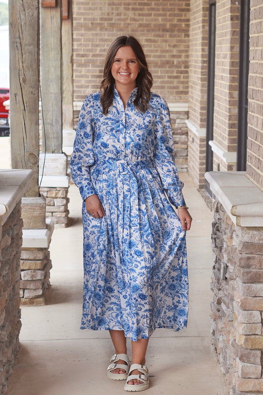 Celeste Long Sleeve Maxi Dress, Button Up, Long Sleeves, Adjustable Belt, Cinched Waistline, Floral Print, Color: Blue, Maxi Dress, Dress Underlining