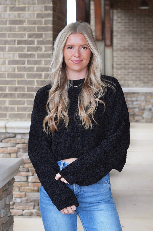 Chanel Knit Long Sleeve Sweater, Round Neckline, Long Sleeves, Cropped, Fitted Waist, Knit Fabric, Colors: Black