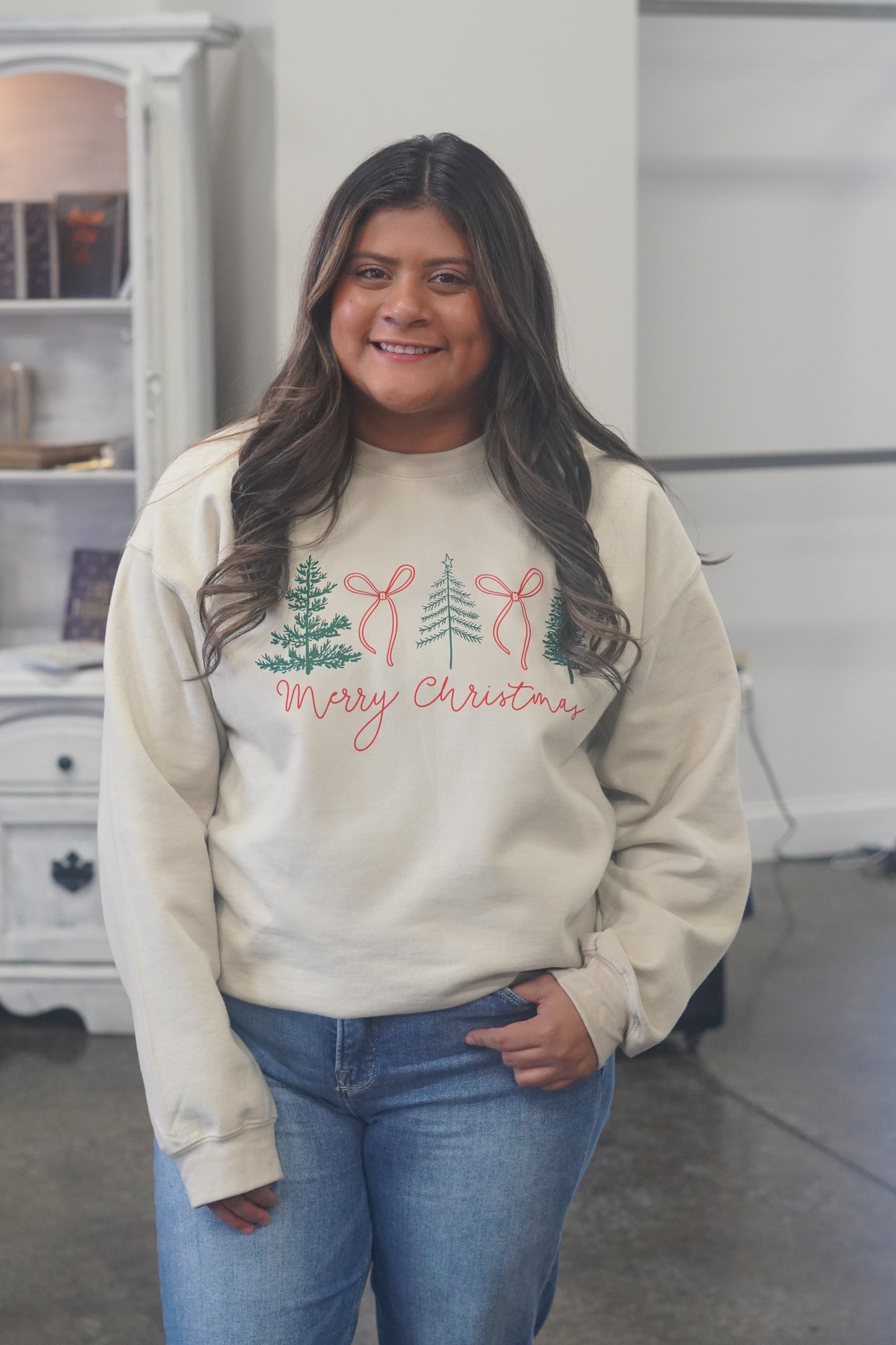 Merry Christmas Tree & Bow Sweatshirt, Crew Neckline, Long Sleeves, Full Length, Red "Merry Christmas", Relaxed Fit, Color: Taupe