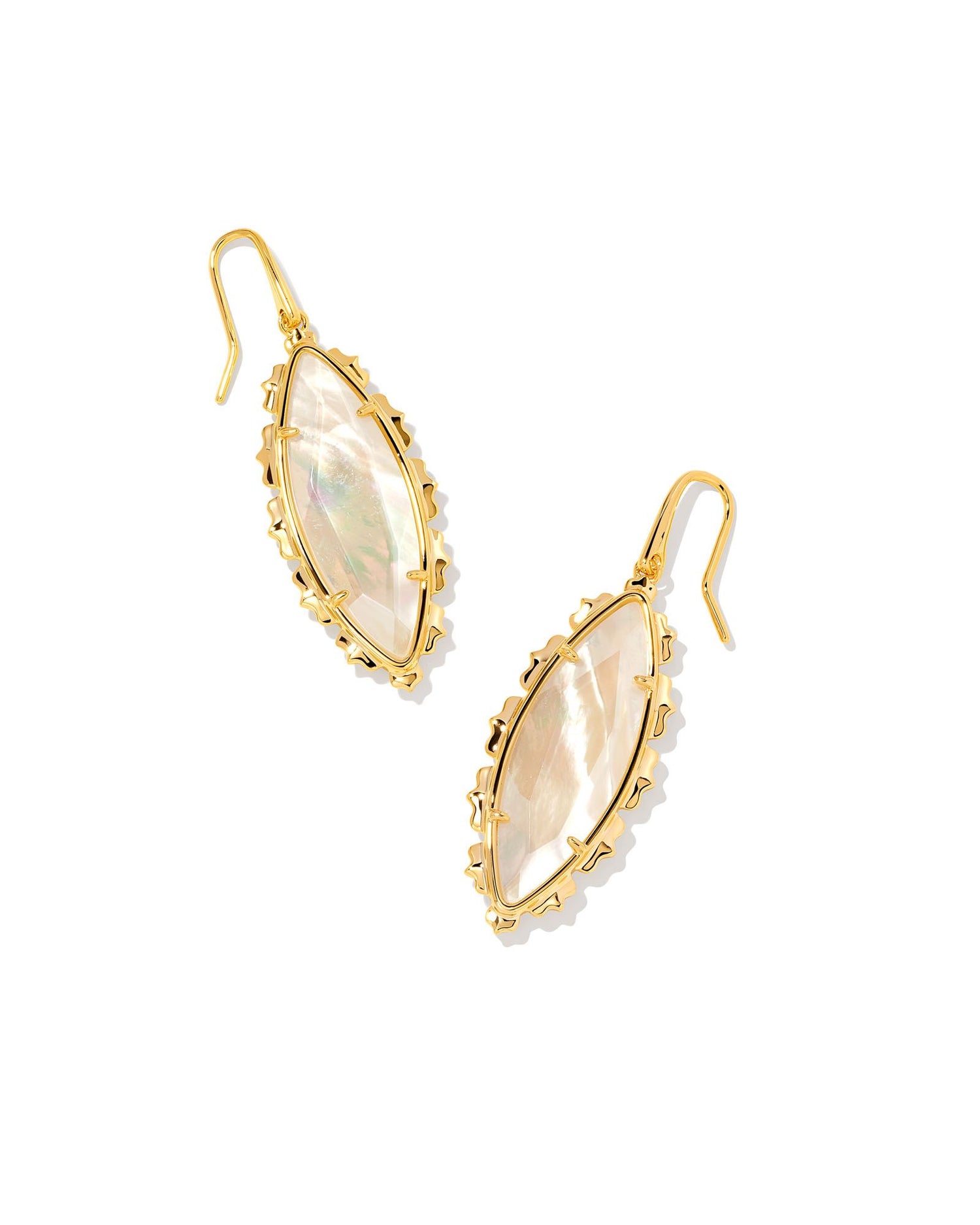 Taking inspiration from vintage KS styles, the Genevieve Gold Drop Earrings are slender, sleek, and oh-so-chic. With petal-like metal detailing surrounding a shimmering marquise stone, these earrings are a new take on classic glamour.  Dimensions- 1.22"L X 0.52"W Metal- 14K Gold plated over brass Closure- Ear Post Material-  Abalone Color: Light Pink mother of pearl