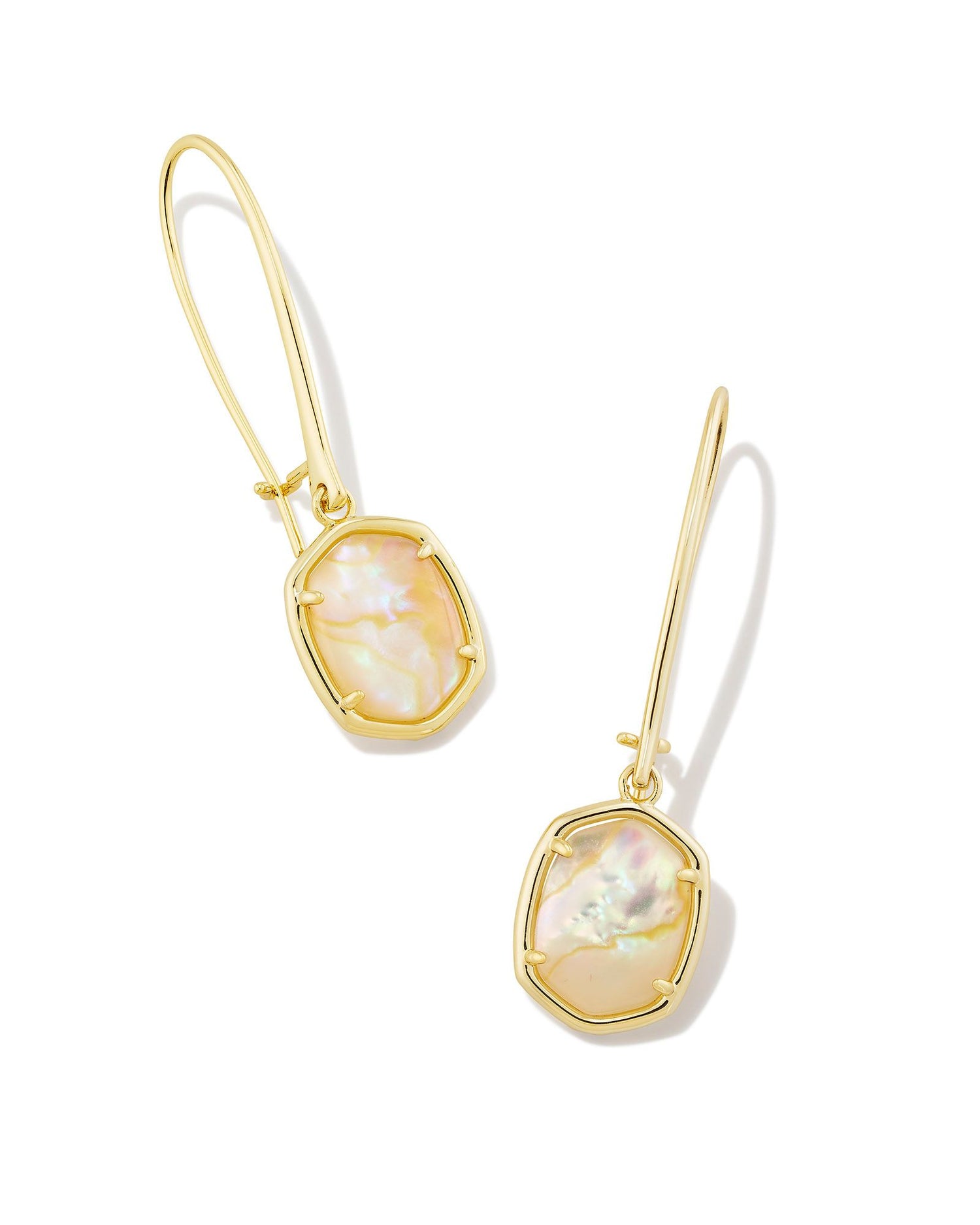 gold wire drop earrings with an iridescent abalone stone, size is   1.9"L X 0.54"W