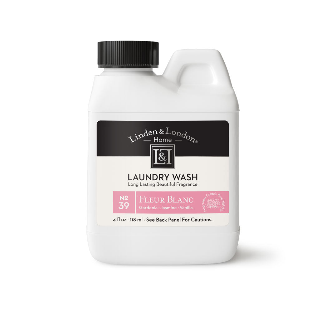 No 39 Fleur Blanc Laundry Wash, White Bottle, Black Cap, Pink Fragrance Identifier, Gardenia, Jasmine, Vanilla, 4 fluid ounces, Linden and London Home