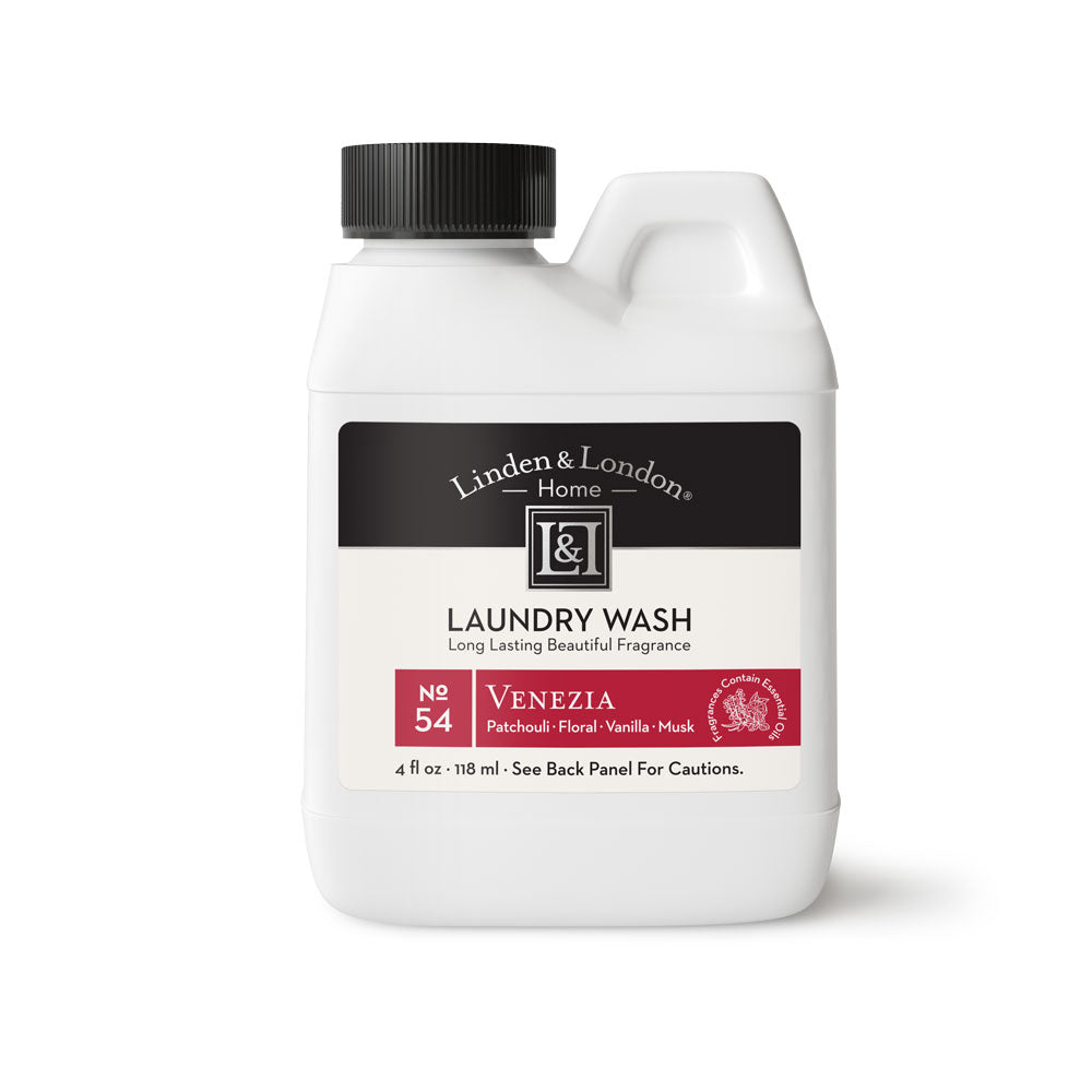 No 54 Venezia Laundry Wash, White Bottle, Black Cap, Red Fragrance Identifier, Patchouli, Floral, Vanilla, Musk, 4 fluid ounces, Linden and London Home