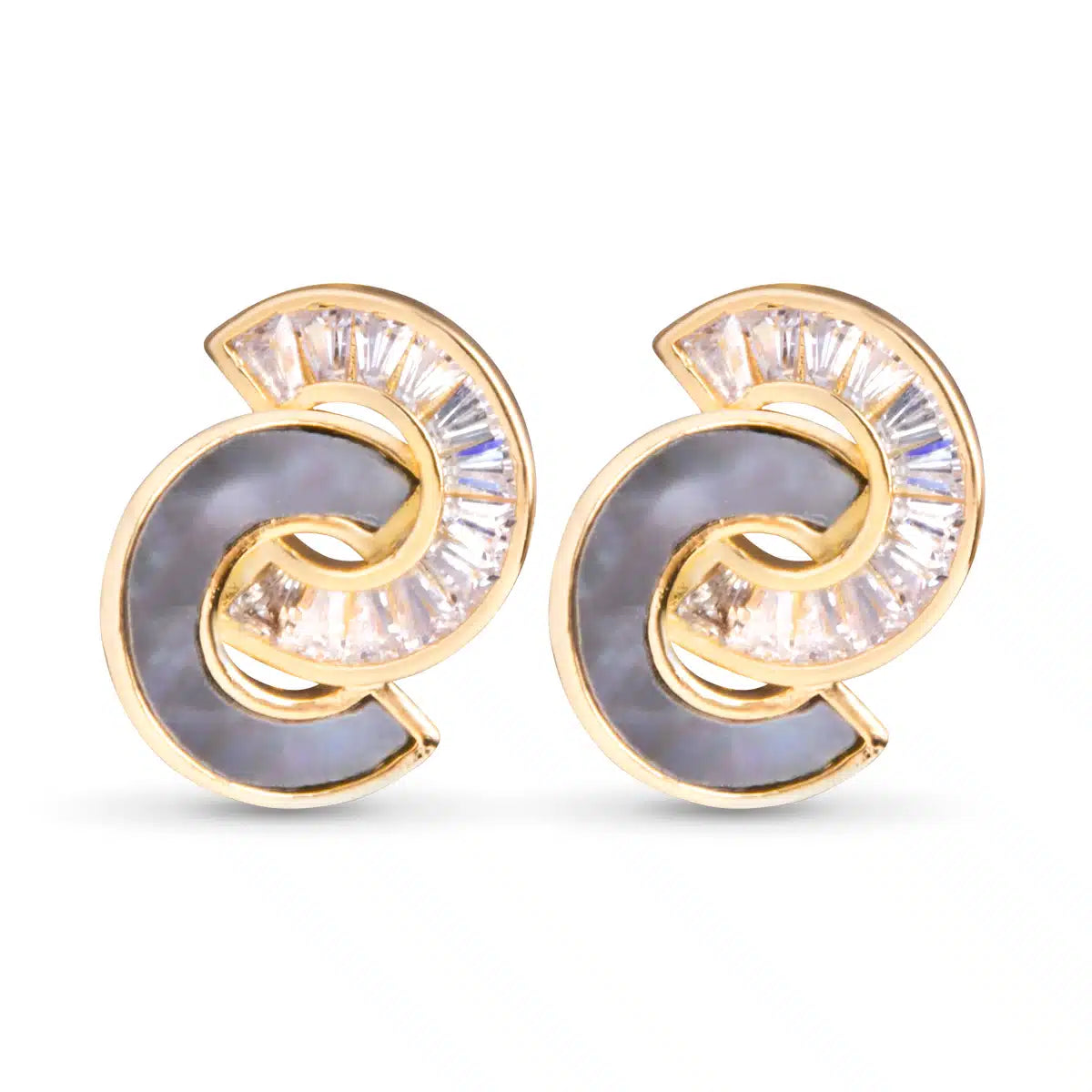 A pair of elegant gold earring featuring a swirling design with a gray center and sparking clear stone. 