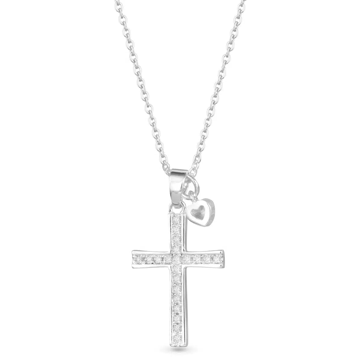 Silver Necklace with Silver Crystal Cross and Mini Silver Heart Pendant