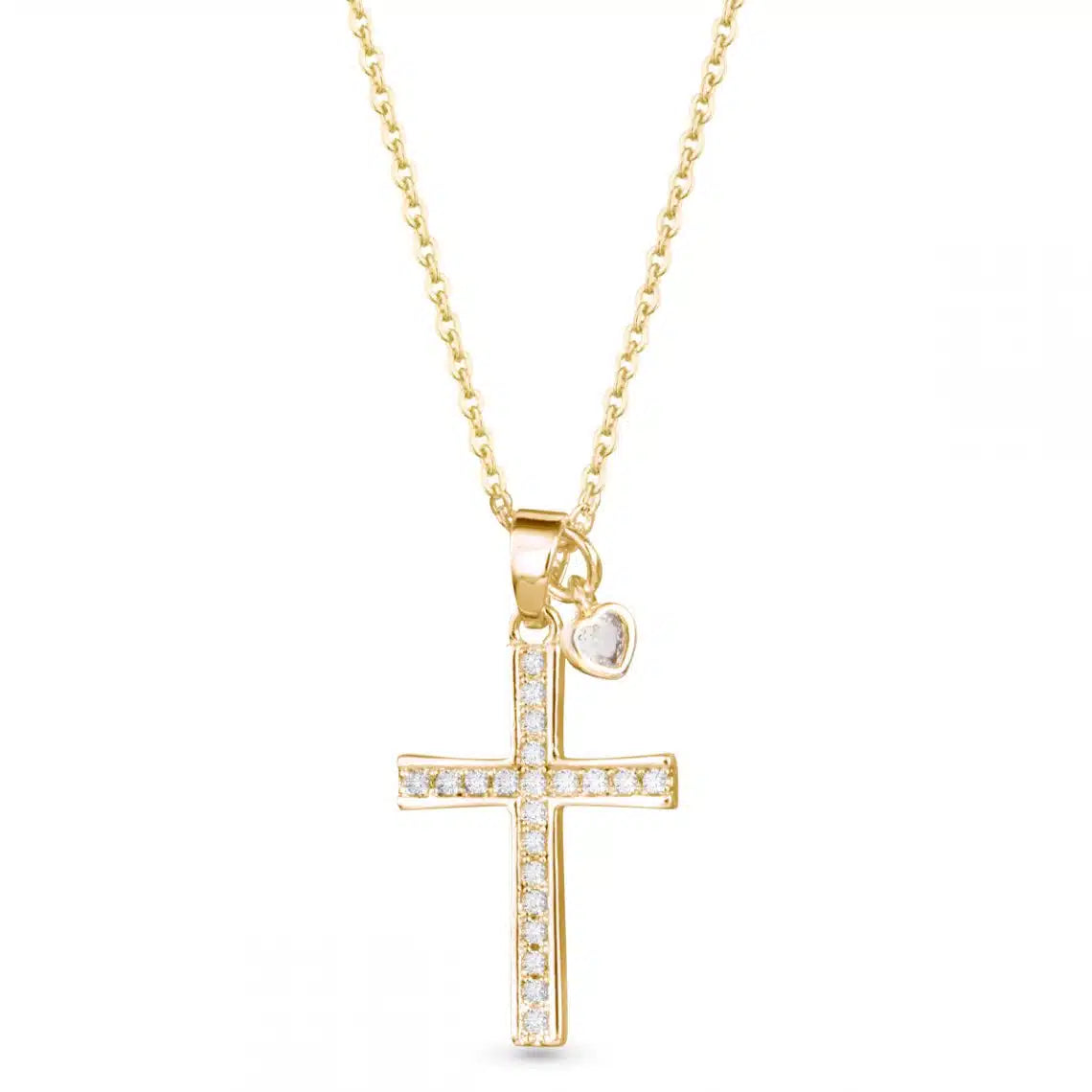 Gold Necklace with Gold Crystal Cross Pendant and Mini Heart
