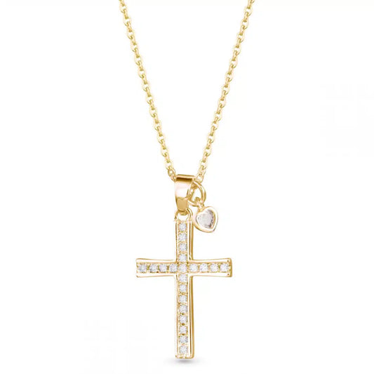 Gold Necklace with Gold Crystal Cross Pendant and Mini Heart