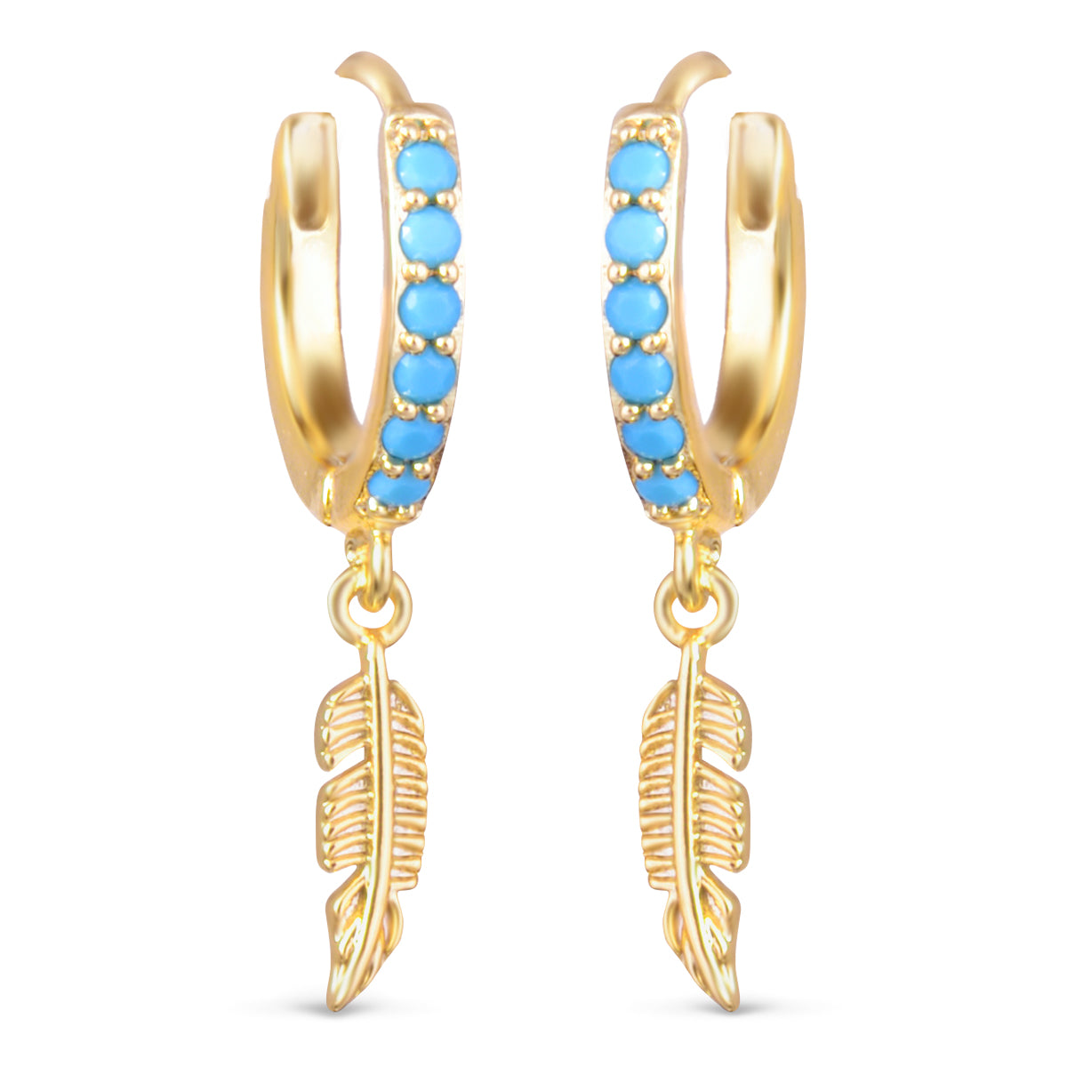 Gold hoop earrings with blue stones detailing and a feather droplet, huggie back. 