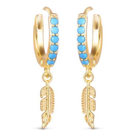 Gold hoop earrings with blue stones detailing and a feather droplet, huggie back.