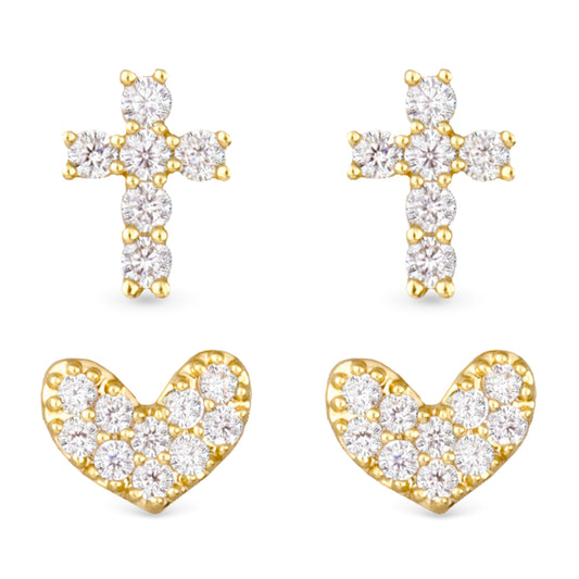 Pave Cross And Heart Duo Earring Set