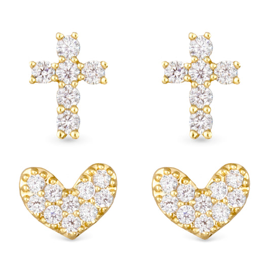 Gold Heart and Cross duo earring set, cubic zirconia detailed