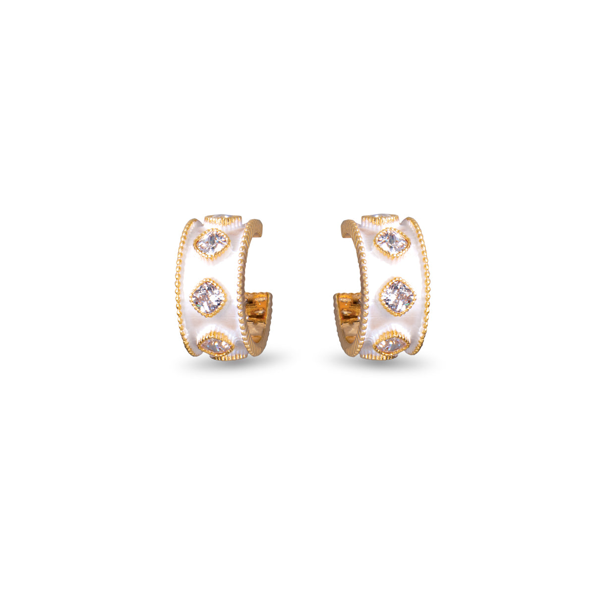 CZ And Enamel Huggie Earrings Gold