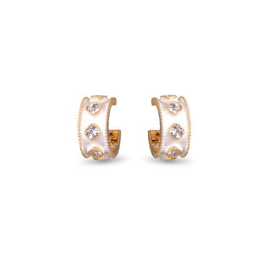 CZ And Enamel Huggie Earrings Gold