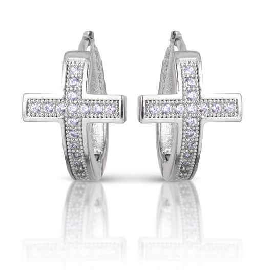 Cross silver earrings with cubic zirconia detailing, huggie back.