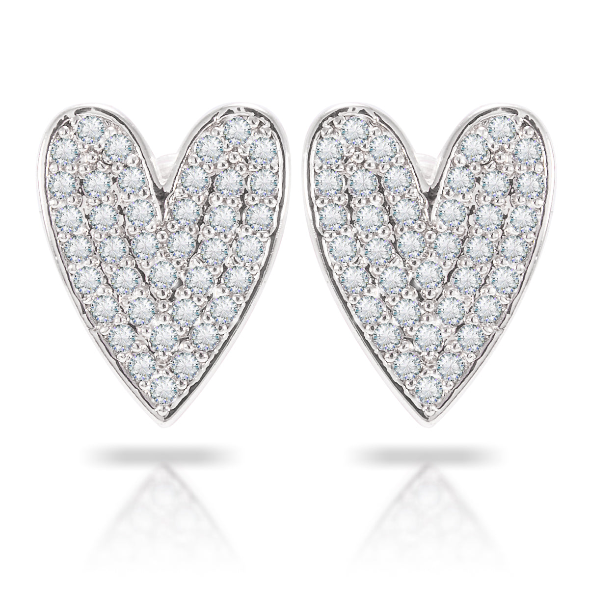 Silver heart stud earrings with embedded cubic zirconia.