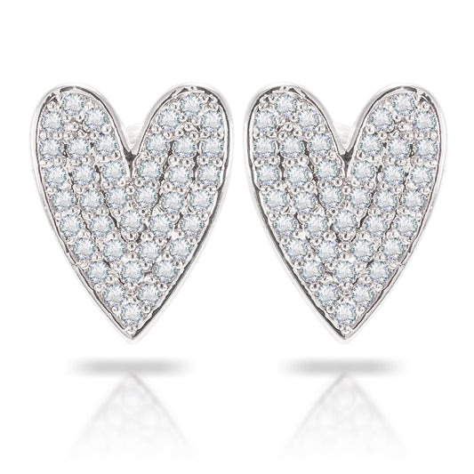 Silver heart stud earrings with embedded cubic zirconia.