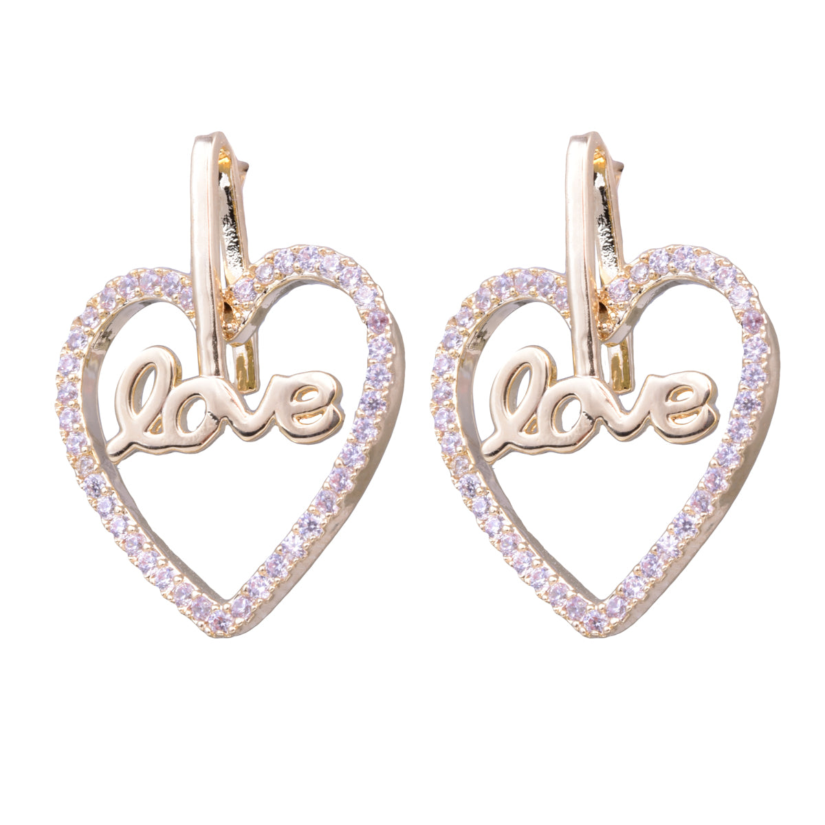 Heart outline gold earrings with cubic zirconia detailing and the word love in the center. 