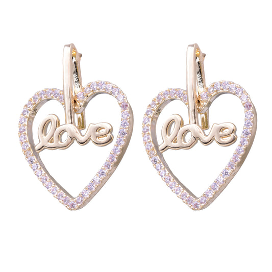 Heart outline gold earrings with cubic zirconia detailing and the word love in the center.