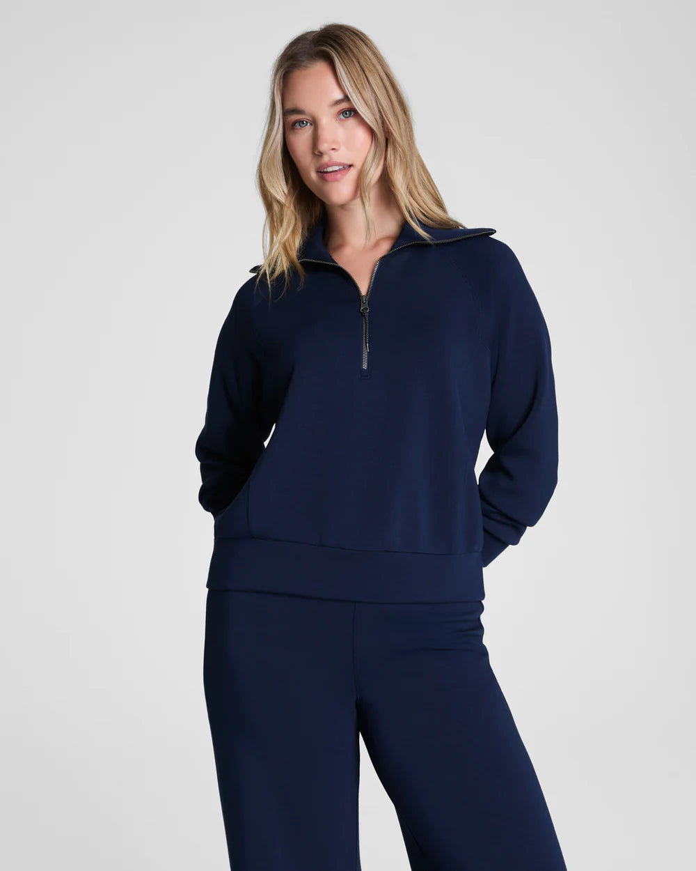 Spanx Air Essentials Quarter Zip Pullover in Navy, Long Sleeve, Relaxed Fit