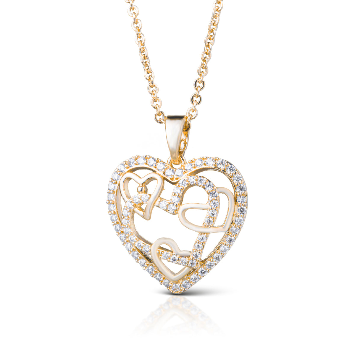 Gold heart necklace with overlapping hearts, some cubic zirconia detailing . 