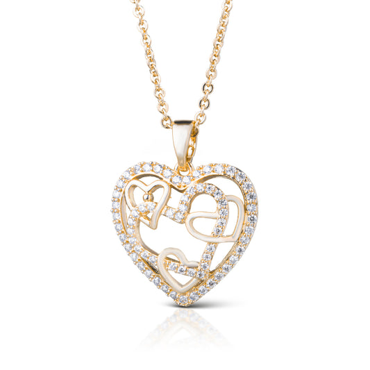 Gold heart necklace with overlapping hearts, some cubic zirconia detailing .