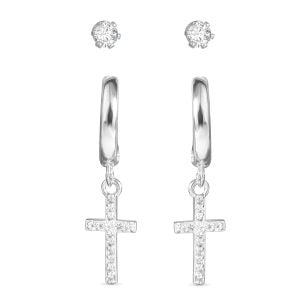 Cross CZ Huggie and CZ Stud Duo Earrings Silver