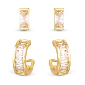 CZ Baguette Huggie and Stud Duo Earrings Gold